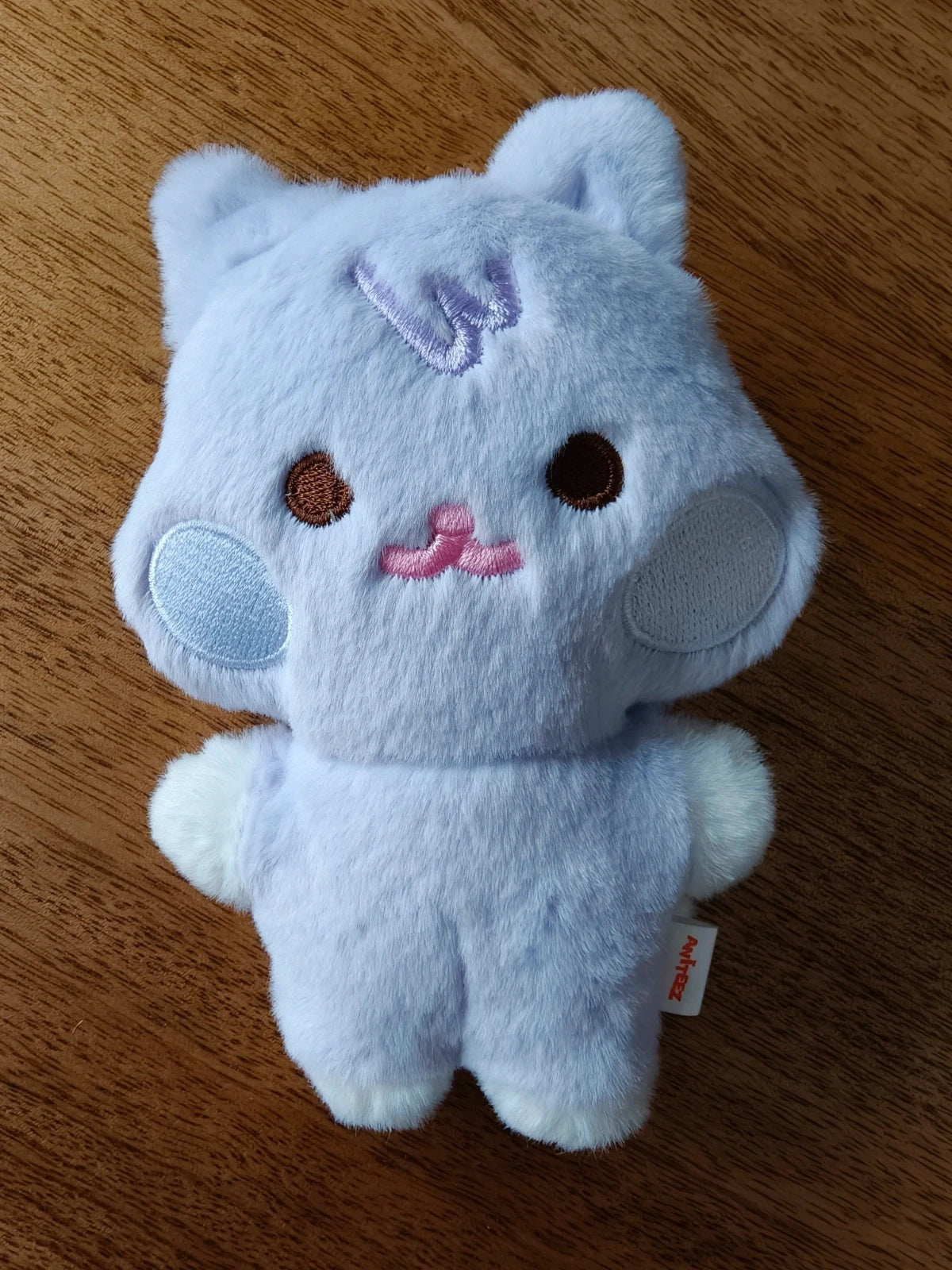 ATEEZ Aniteez Sandeoki Plush Flat Fur San, front of the lilac cat plush