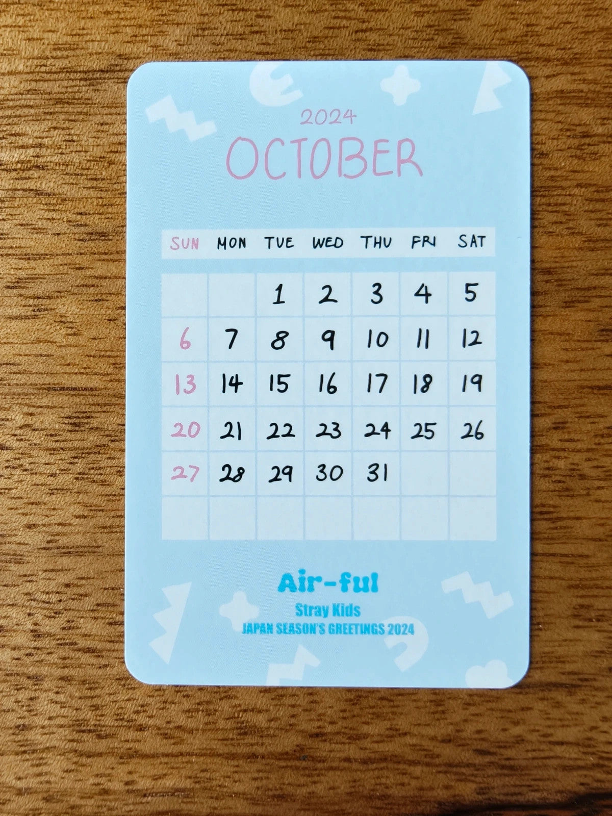 Stray Kids Han Air-ful Mini Calendar Card (2024 Japan Season’s Greetings - October Mini Calendar) — calendar reverse