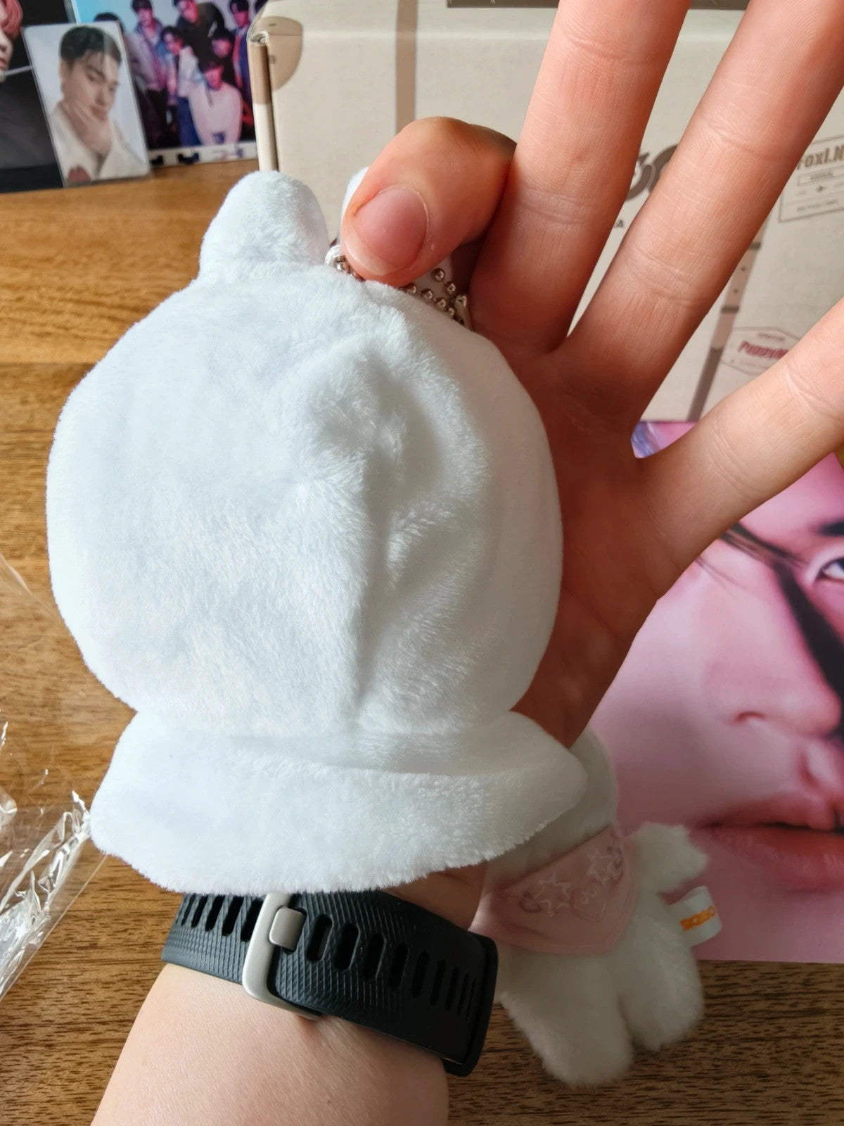 Stray Kids SKZOO Leebit Plush Hooded Coat, back of the white hooded coat