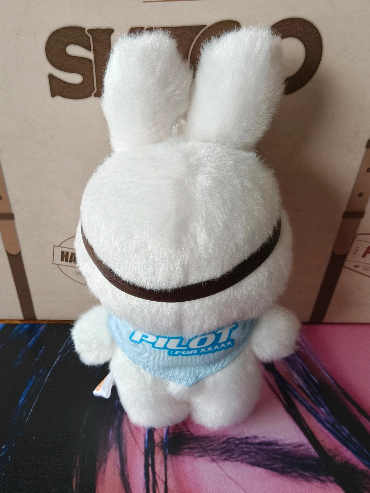 Stray Kids SKZOO Leebit Plush (PILOT), back of the white rabbit plush and blue scarf
