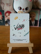 Stray Kids Hyunjin THE VICTORY Photocard (Yellow Knit - Leaning Pose) — THE VICTORY reverse design