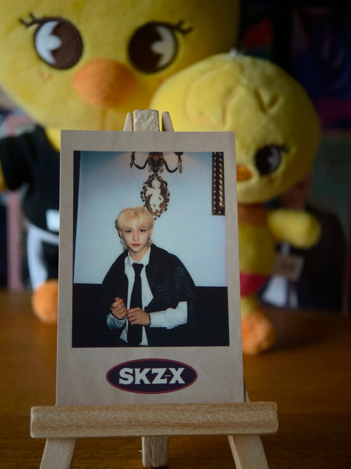 Stray Kids Felix SKZ-X Polaroid-Style Photocard (Beige Frame - Seated Portrait) — printed Polaroid-style front design