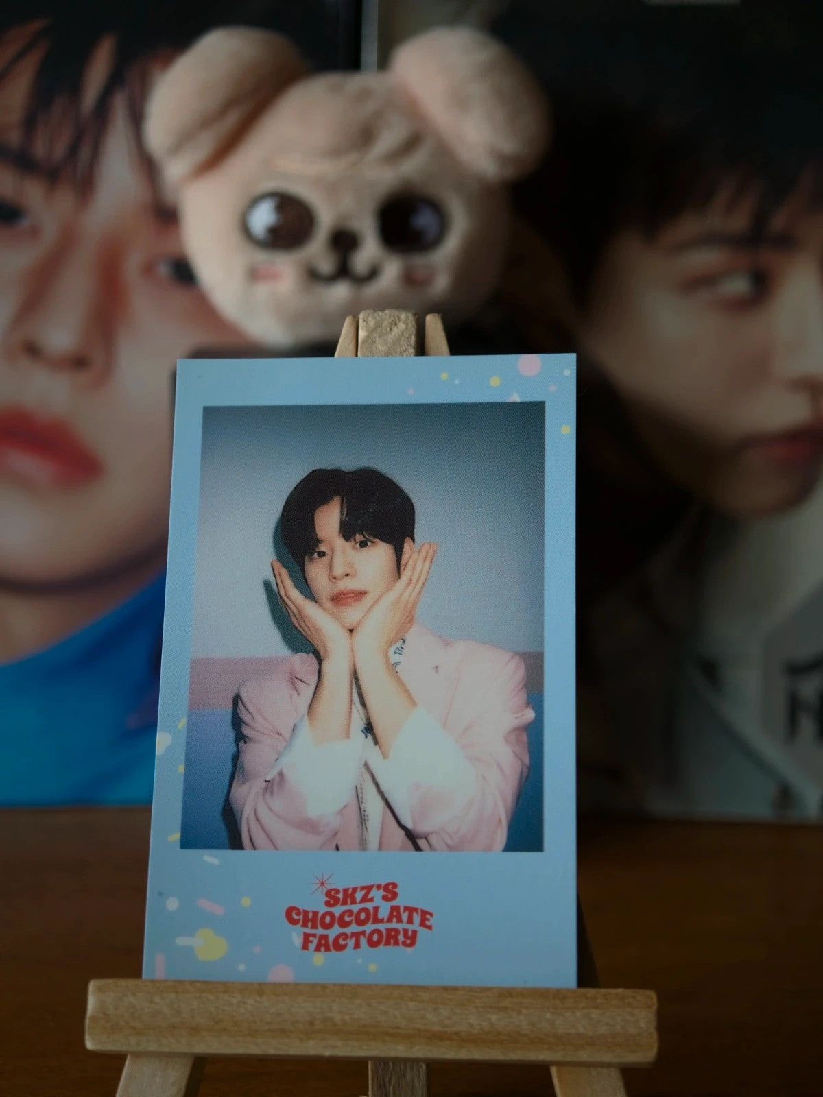 Stray Kids Seungmin SKZ’S CHOCOLATE FACTORY Polaroid-Style Photocard (Blue Frame - Hands at Cheeks) — printed Polaroid-style front design