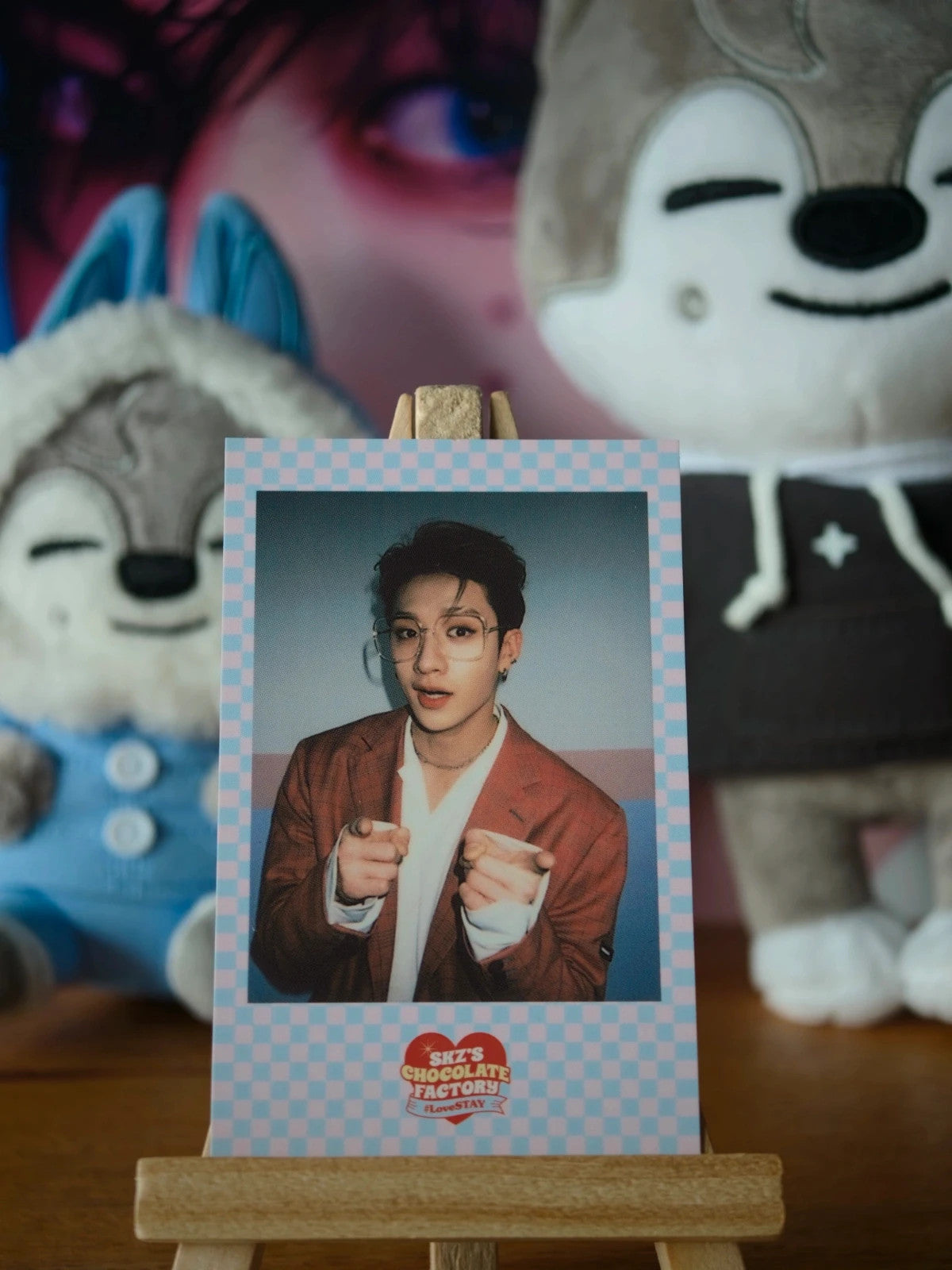 Stray Kids Bang Chan SKZ’S CHOCOLATE FACTORY Polaroid-Style Photocard (Checkered Frame - Pointing Pose) — printed Polaroid-style front design