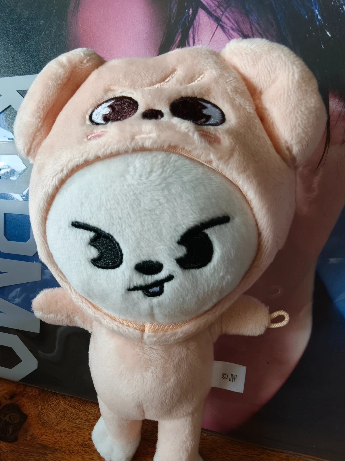 Stray Kids SKZOO Leebit Plush Keyring (TOY WORLD, PuppyM Suit), front of the rabbit plush wearing a dog hood