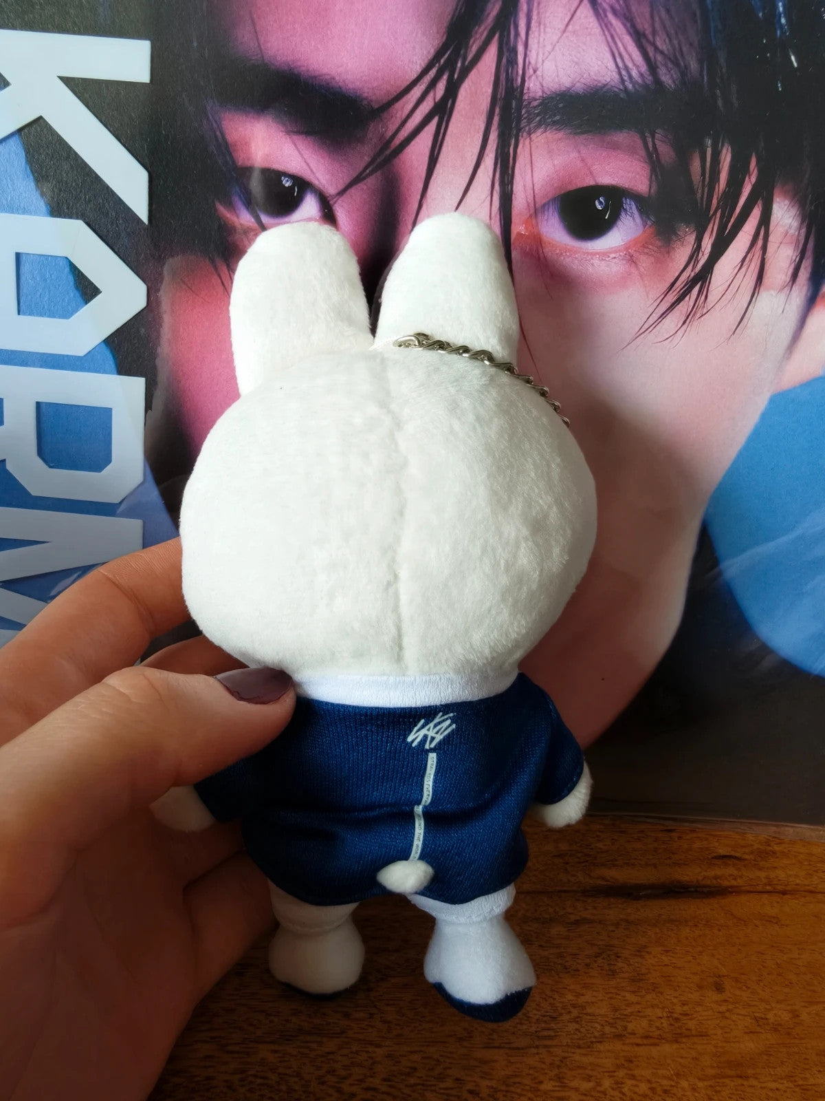 Stray Kids SKZOO Leebit Plush Bag Charm (JYP JAPAN POPUP STORE 2024), back of the white rabbit plush in blue clothing