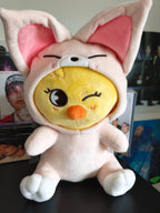 Stray Kids SKZOO BbokAri Plush (TOY WORLD, FoxI.Ny Suit), front of the yellow chick plush in a pink fox suit