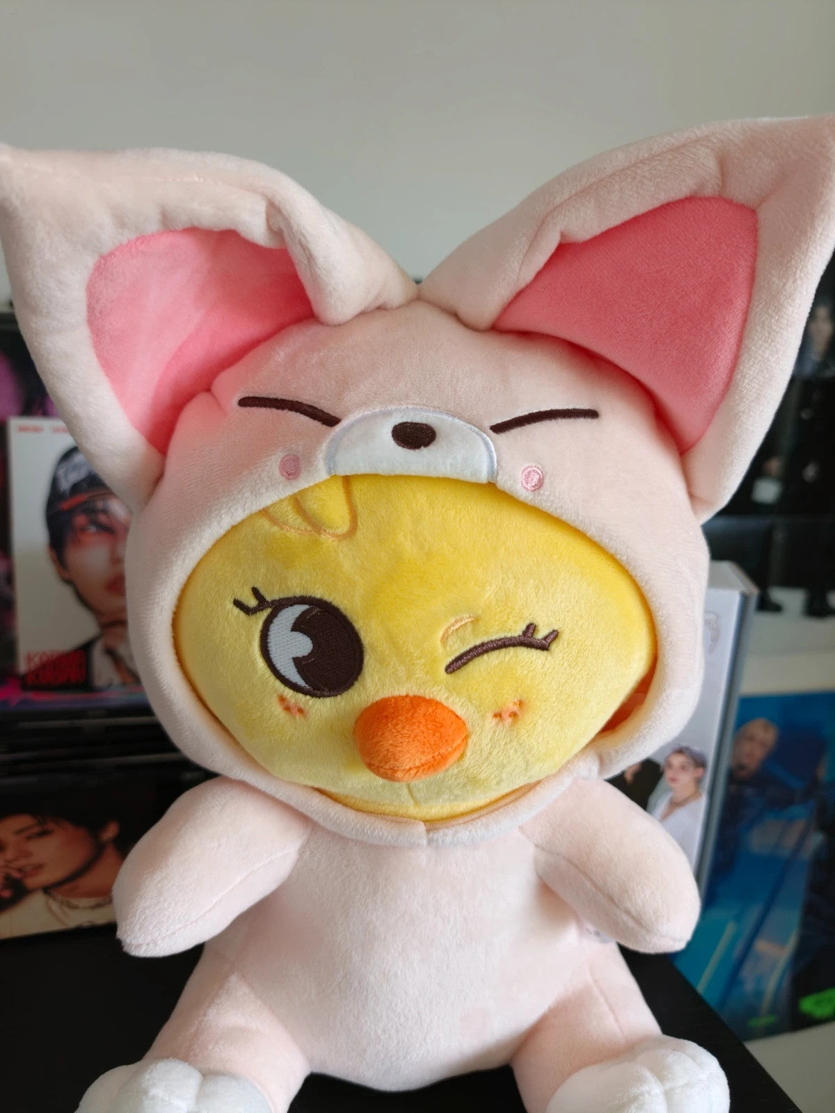 Stray Kids SKZOO BbokAri Plush (TOY WORLD, FoxI.Ny Suit), close-up of the plush face and fox hood
