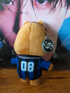 Stray Kids SKZOO HAN QUOKKA Plush Keyring (KARMA Evil), back of the plush in a blue number 08 outfit