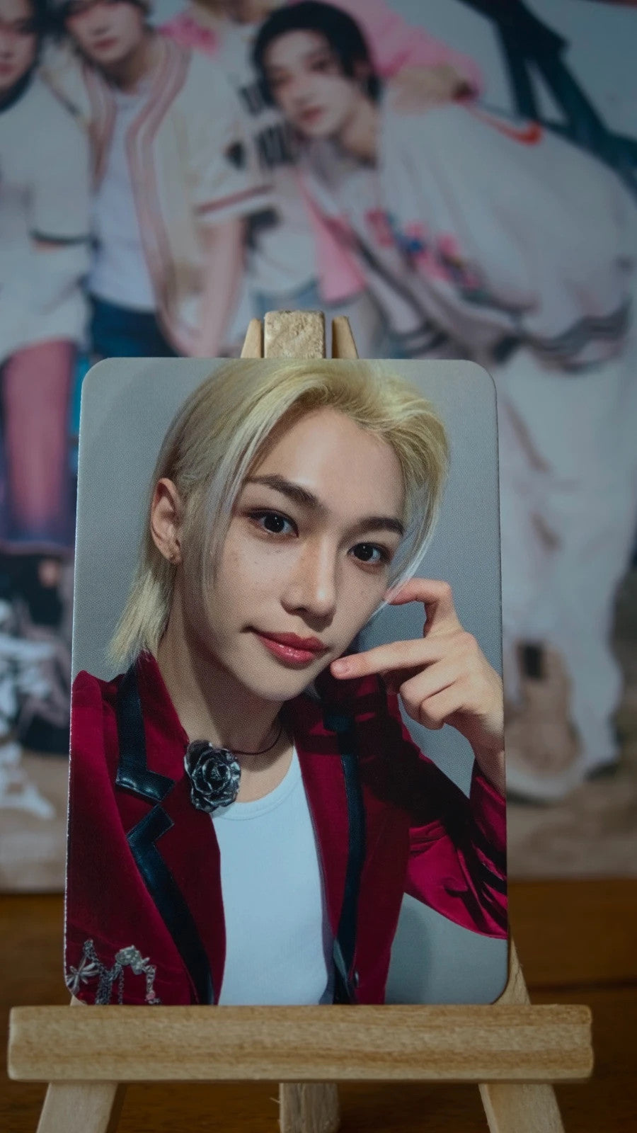 Stray Kids Felix ROCK-STAR Photocard (Red Jacket Finger-heart Portrait) — front portrait view