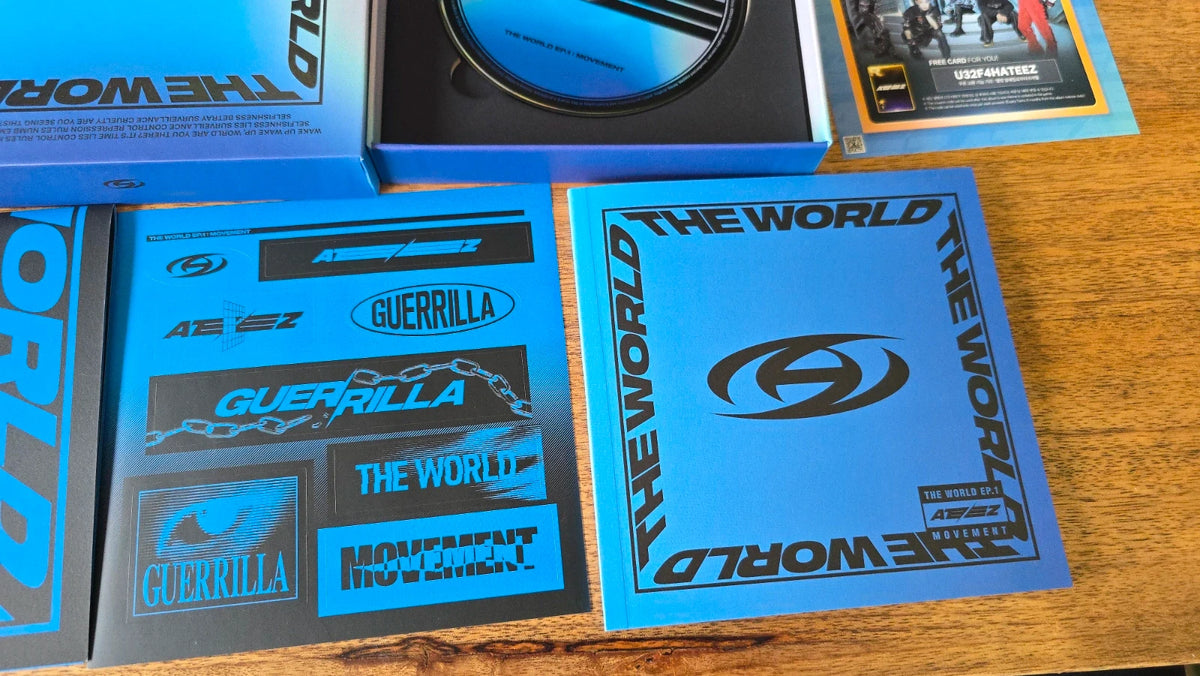 ATEEZ The World Ep 1 Movement Album, close-up of blue packaging and sticker sheet