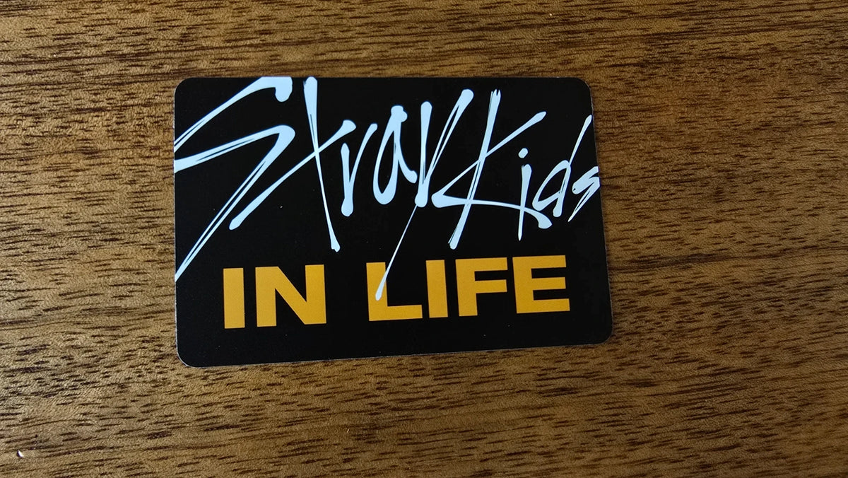 Stray Kids In Life Photocard Bang Chan Han Changbin, black reverse with yellow IN LIFE lettering