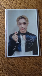 Stray Kids 5-STAR Dome Tour Photocard Sticker Felix, portrait in a black jacket with finger-heart pose