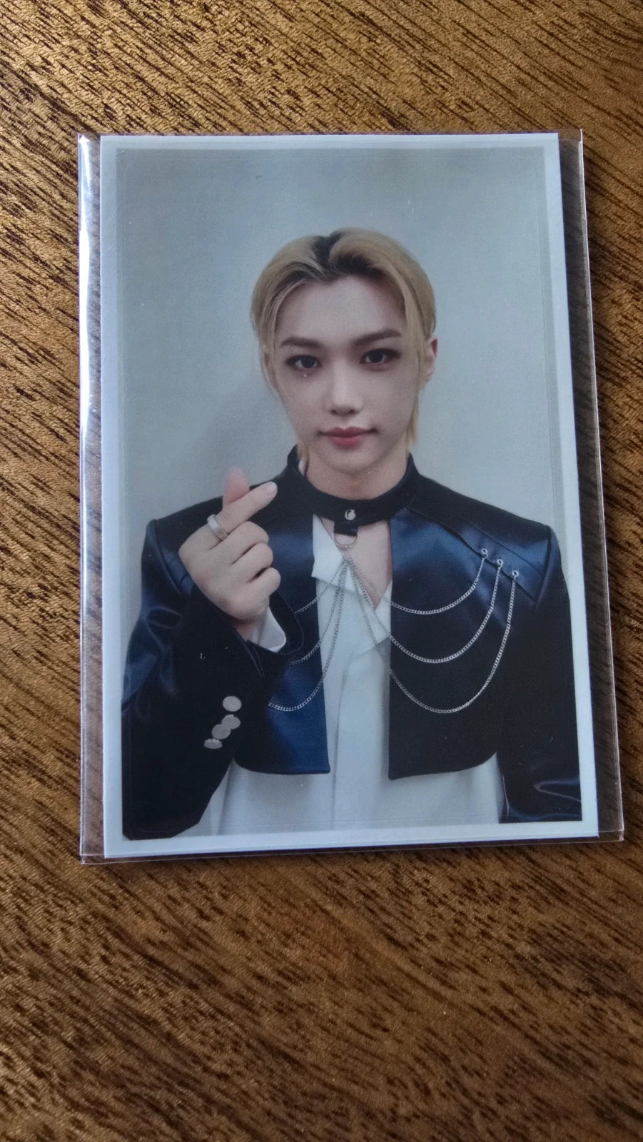 Stray Kids 5-STAR Dome Tour Photocard Sticker Felix, portrait in a black jacket with finger-heart pose