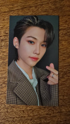 Stray Kids The Sound Photocard Felix, portrait in a checked jacket with finger-heart pose