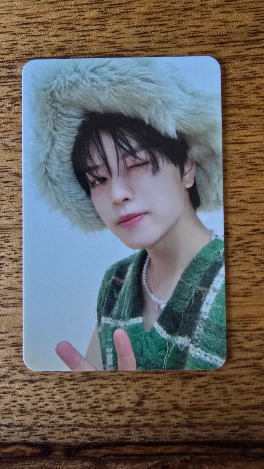 Stray Kids ATE Photocard Seungmin, portrait wearing a furry hat and green checked outfit