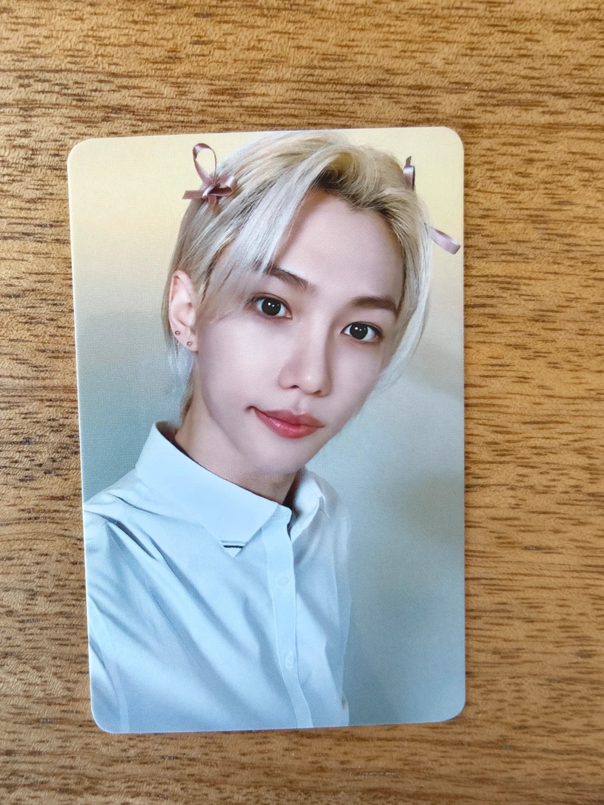 Stray Kids ROCK-STAR Tower Records Photocard Felix, blond portrait in a white high-neck top