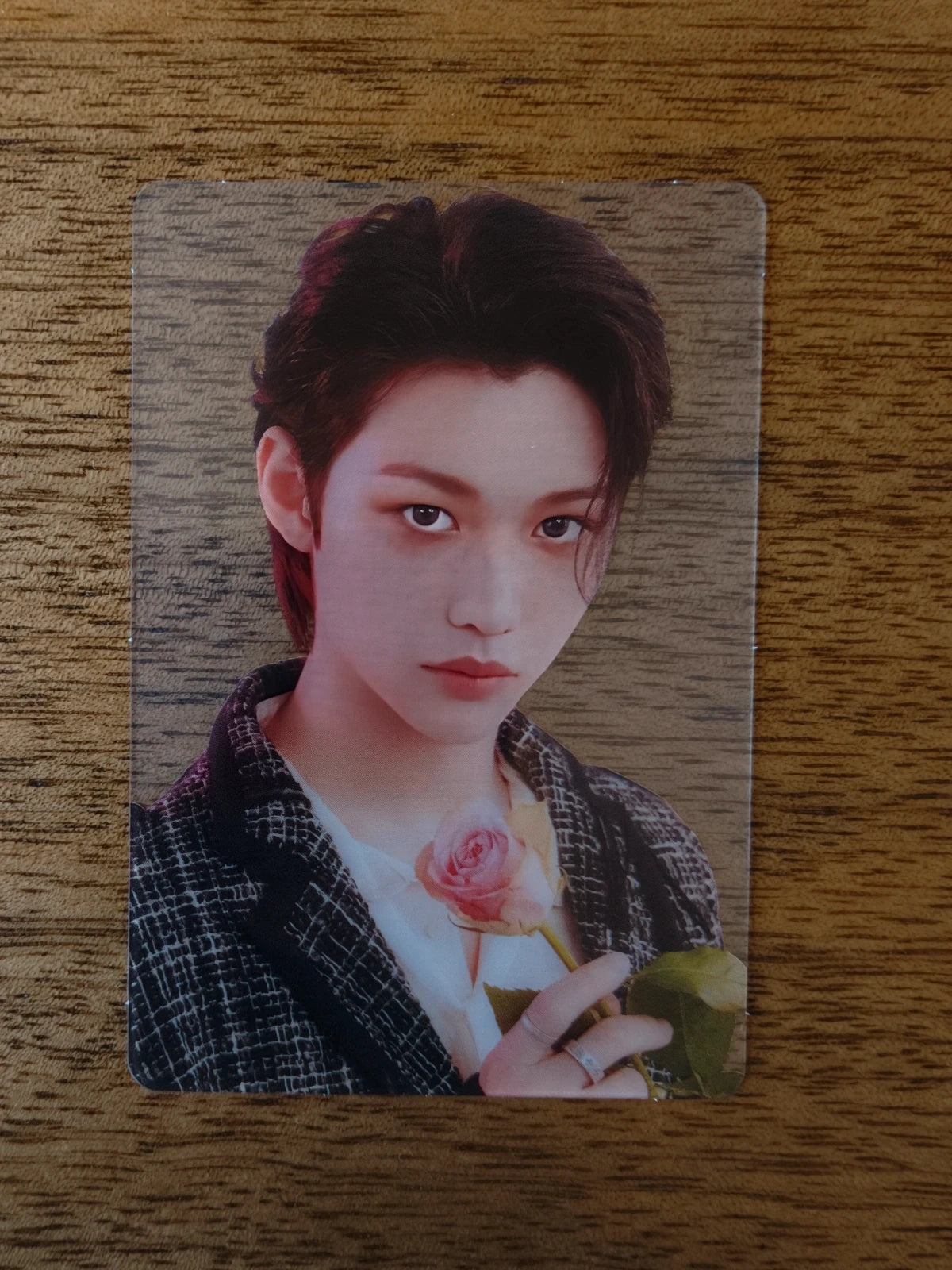 Stray Kids Felix Photocard, portrait with dark hair and patterned outfit