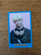 Stray Kids Felix Photocard DICON, blond portrait with finger-heart poses inside a blue border