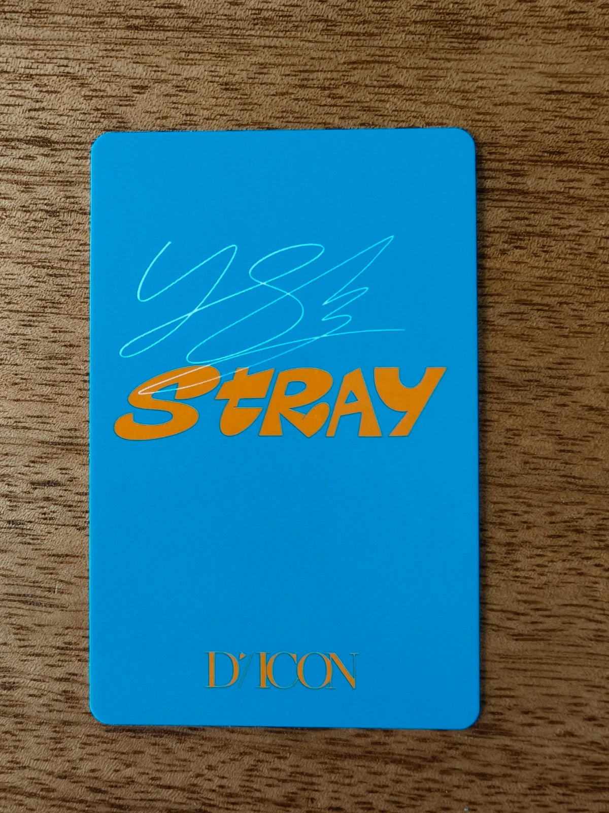 Stray Kids Felix Photocard DICON, blue reverse with orange STRAY lettering