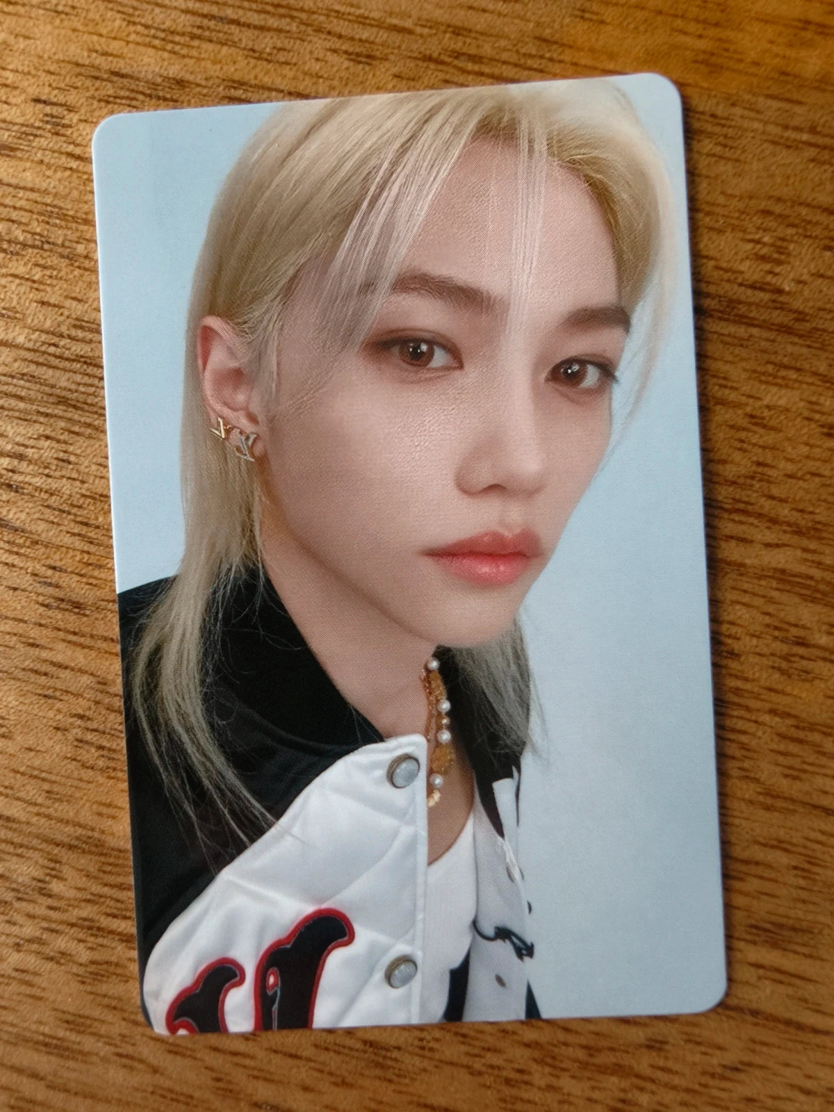 Stray Kids Felix Photocard HOP HMV POB, blond portrait in a white-and-black jacket