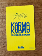 Stray Kids I.N Photocard KARMA HMV POB, yellow reverse with KARMA and HMV logos