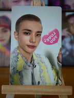 Stray Kids Hyunjin Hollow Photocard (Fanclub Double-sided, B Design), second portrait side with pink speech-bubble design