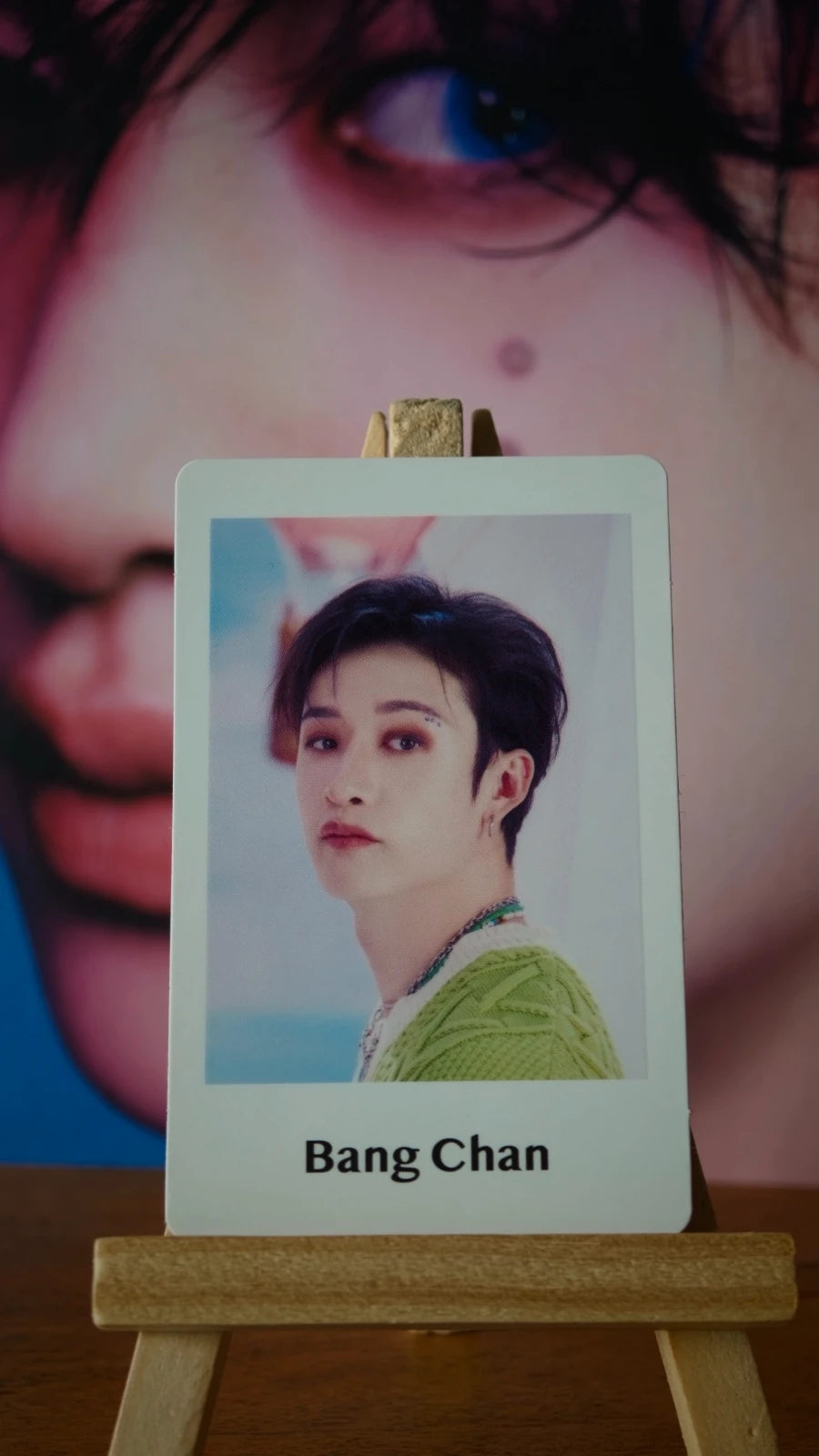Stray Kids Bang Chan Photocard (Green Knit White Frame) — front portrait view