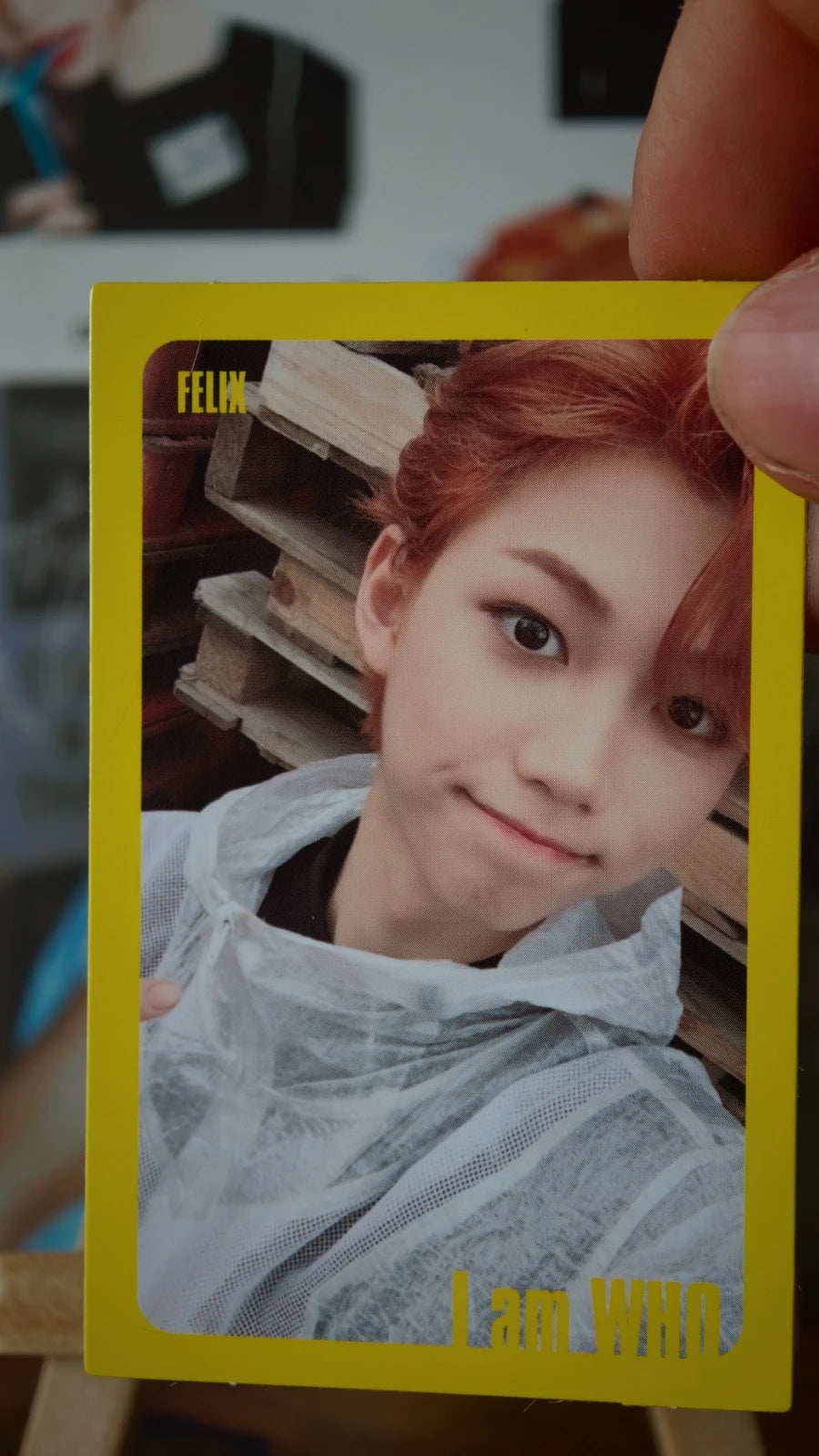 Stray Kids Felix I am WHO Photocard, full portrait side with yellow border