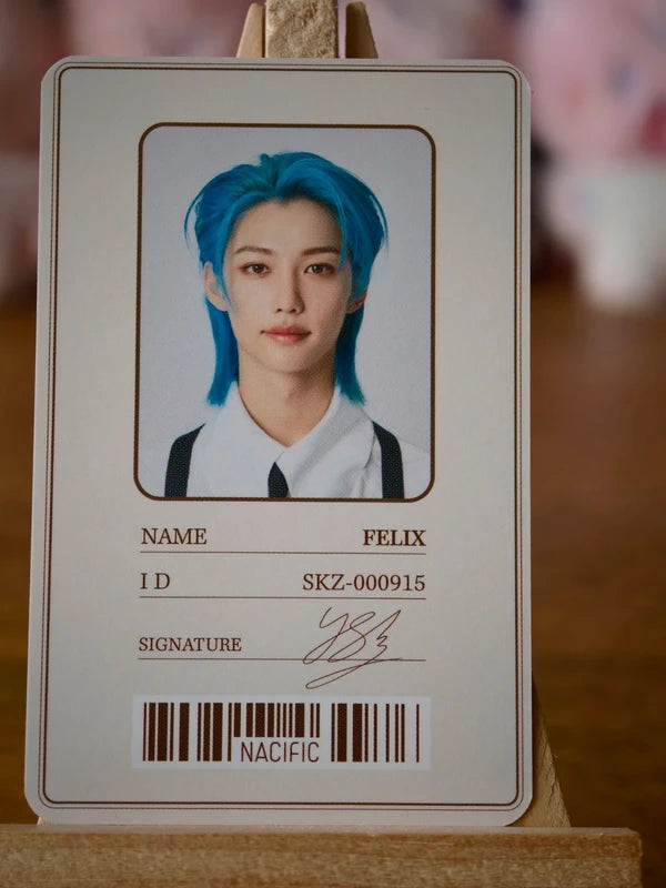 Stray Kids Felix NACIFIC Photocard (Blue Hair, Black Tie Design), reverse of photocard