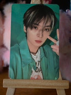 Stray Kids Lee Know THIS & THAT photocard, green jacket and peace sign portrait